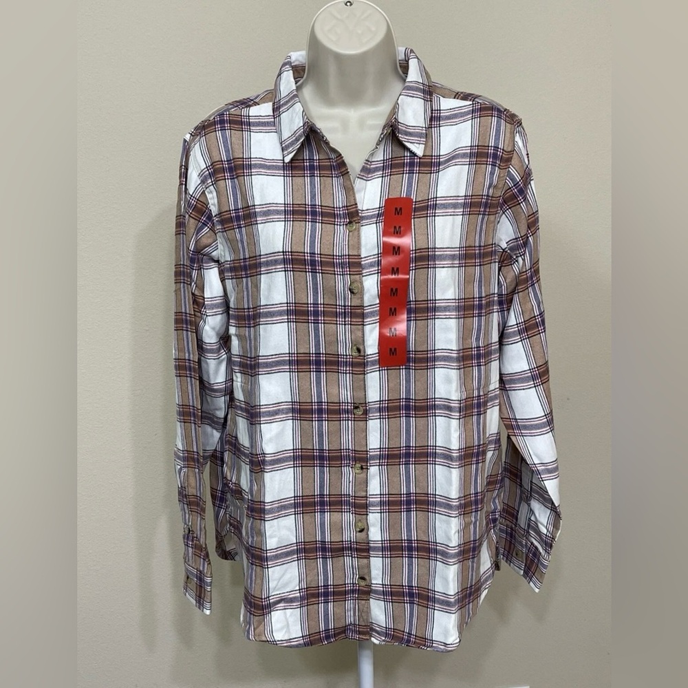 Jach's Girlfriend Women's Tan Plaid Pockets Collared Button Up Flannel Shirt M